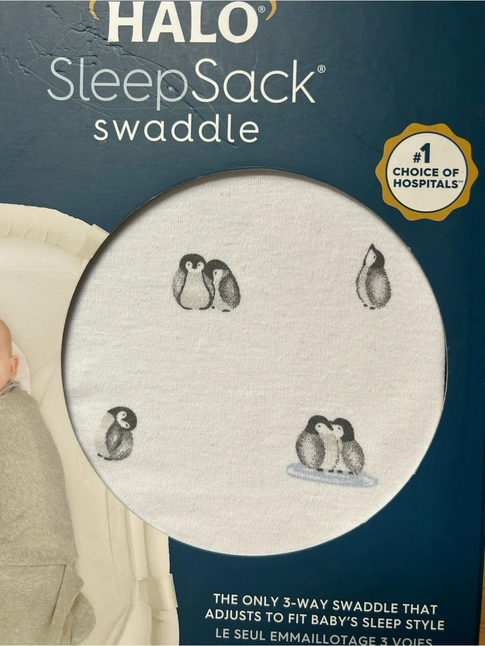 Halo SleepSack Swaddle in White with Gray Penguin Accents
